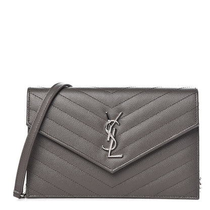Saint Laurent Grain De Poudre Matelasse Chevron Monogram Envelope Chain Wallet Coal 1 of 10