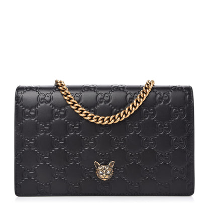 Gucci Guccissima Signature Crystal Cat Chain Wallet Black 1 of 11
