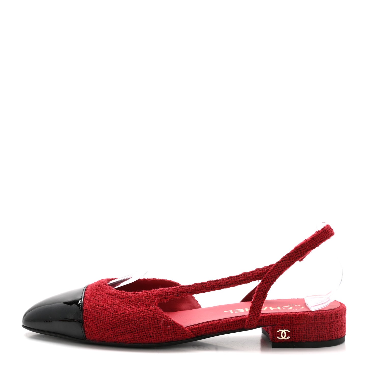Tweed Patent Cap Toe CC Slingback Flats 39 Red Black