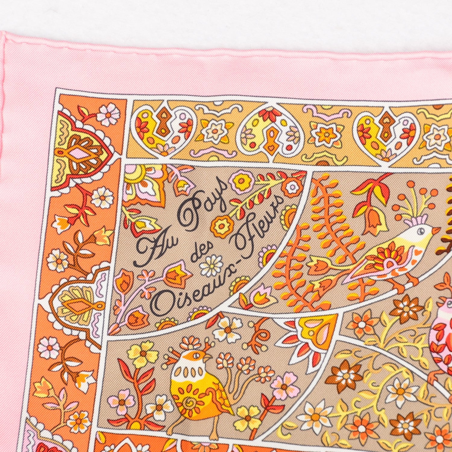 Hermes Silk Au Pays Des Oiseaux Fleurs Scarf 90 Beige Rose Orange 3 of 6