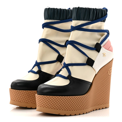 Chanel Fabric Lambskin Calfskin Runway Wedge Short Platform Boots 36 Blue White Pink 3 of 8