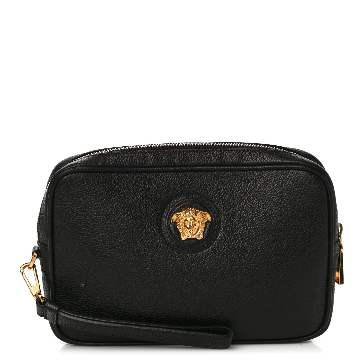 Grained Calfskin Medusa Wristlet Pouch Black