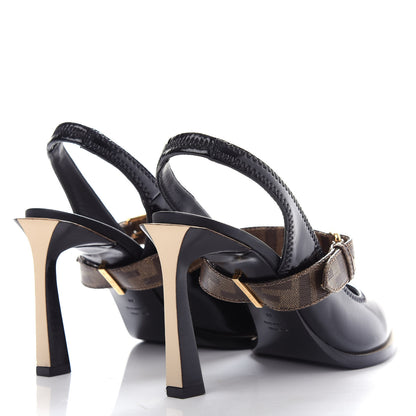 Fendi Glossy Neoprene Glazed Fabric FF FFrame Court Mary Jane Slingback Pumps 39 Black Tobacco Moro 4 of 10