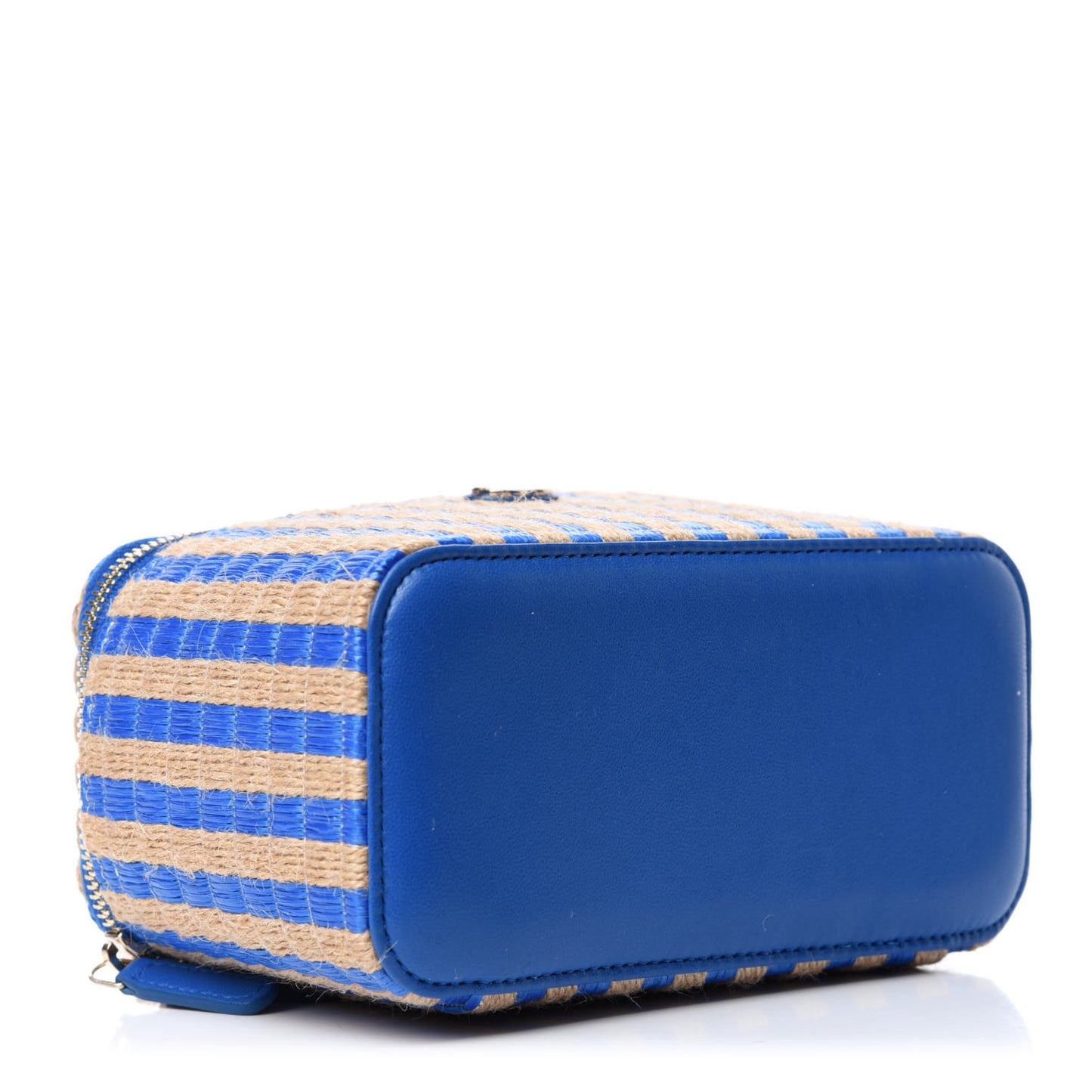 Raffia Jute Striped Small Vanity Case With Chain Blue Beige