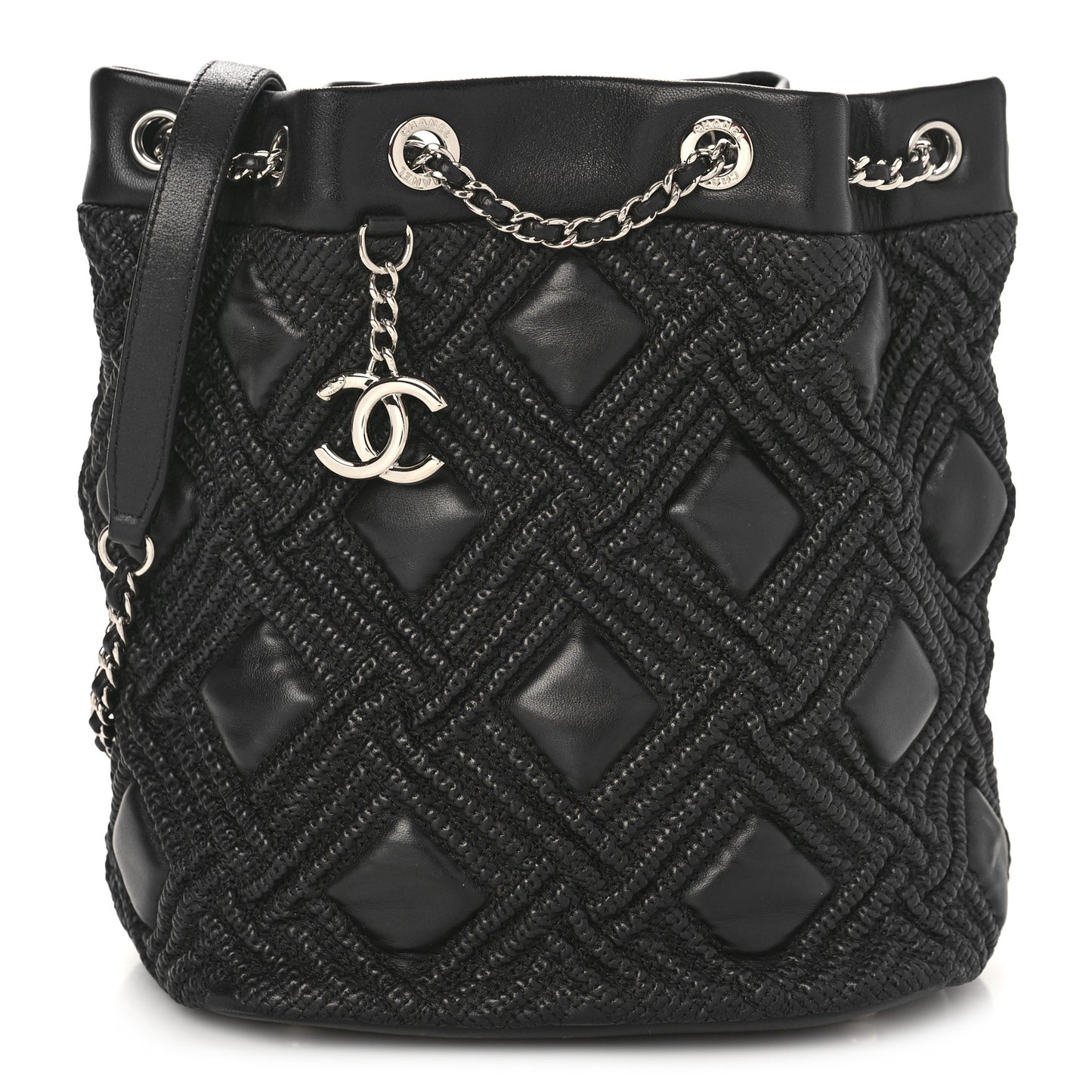 Lambskin Quilted Astrakan Drawstring Shoulder Bag Black