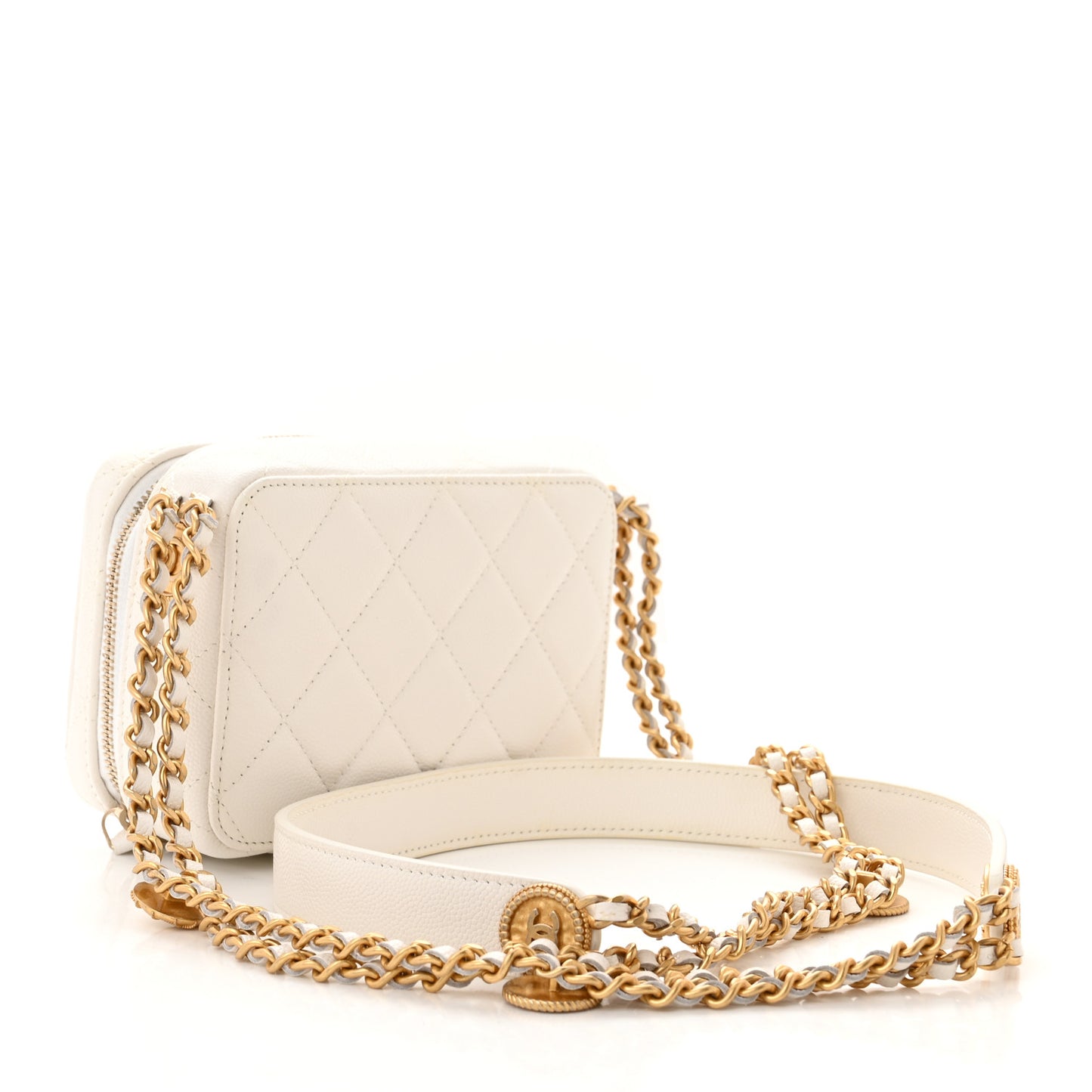 Caviar Quilted Twist Your Buttons Clutch With Chain White