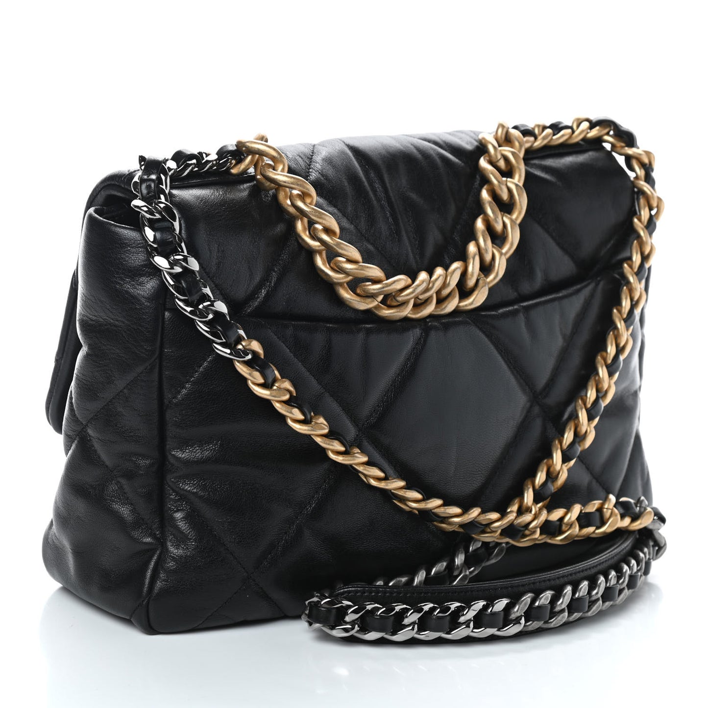 Shiny Goatskin Quilted Large Chanel 19 Flap Black