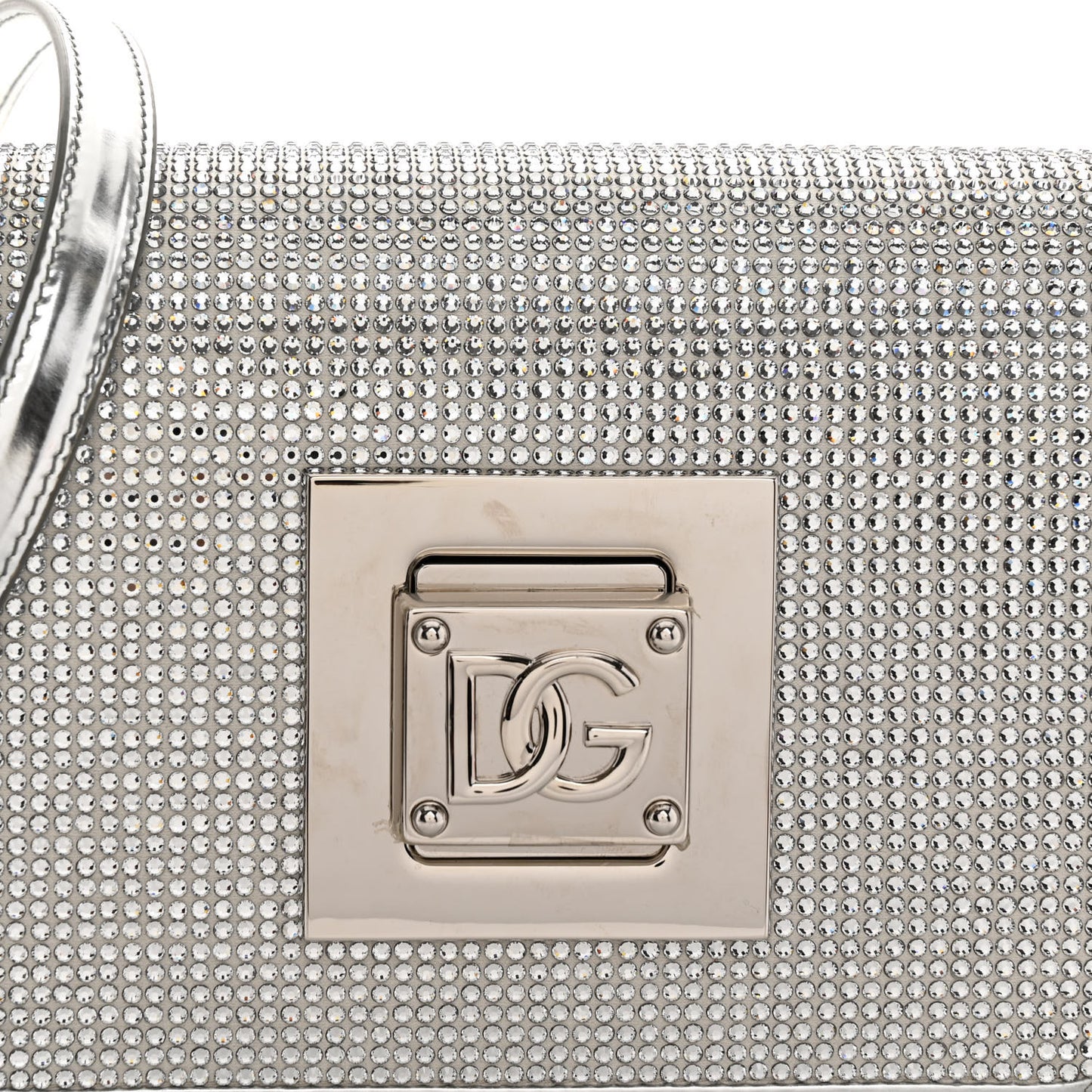 DOLCE GABBANA Metallic Calfskin Crystal Embellished Small Bella Cubo DG Chain Flap Bag With Cuff Silver