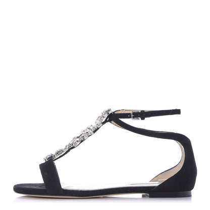 Jimmy Choo Suede Crystal Averie T-Strap Flat Sandals 39 Black 1 of 10