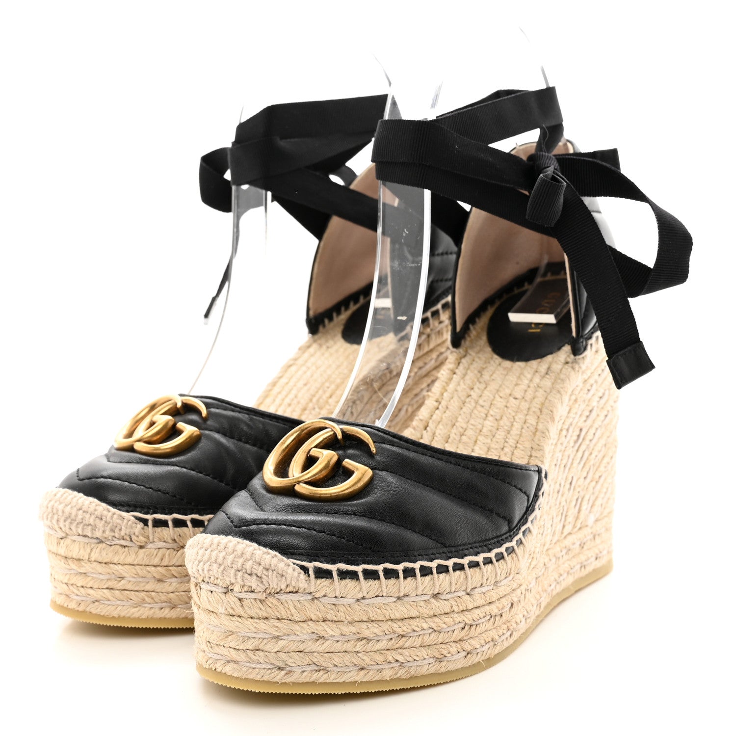 Gucci Nappa Matelasse GG Marmont Ankle Wrap Platform 35/120mm Espadrille Wedges 38 Black 3 of 12