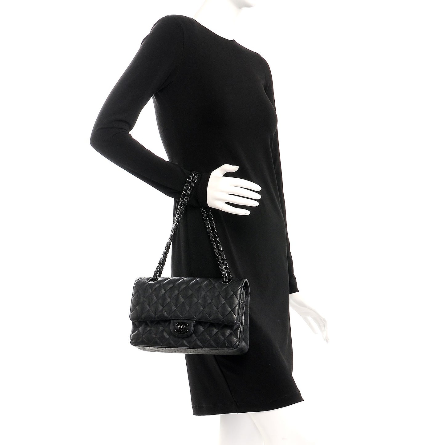Crumpled Calfskin Quilted Medium Double Flap So Black