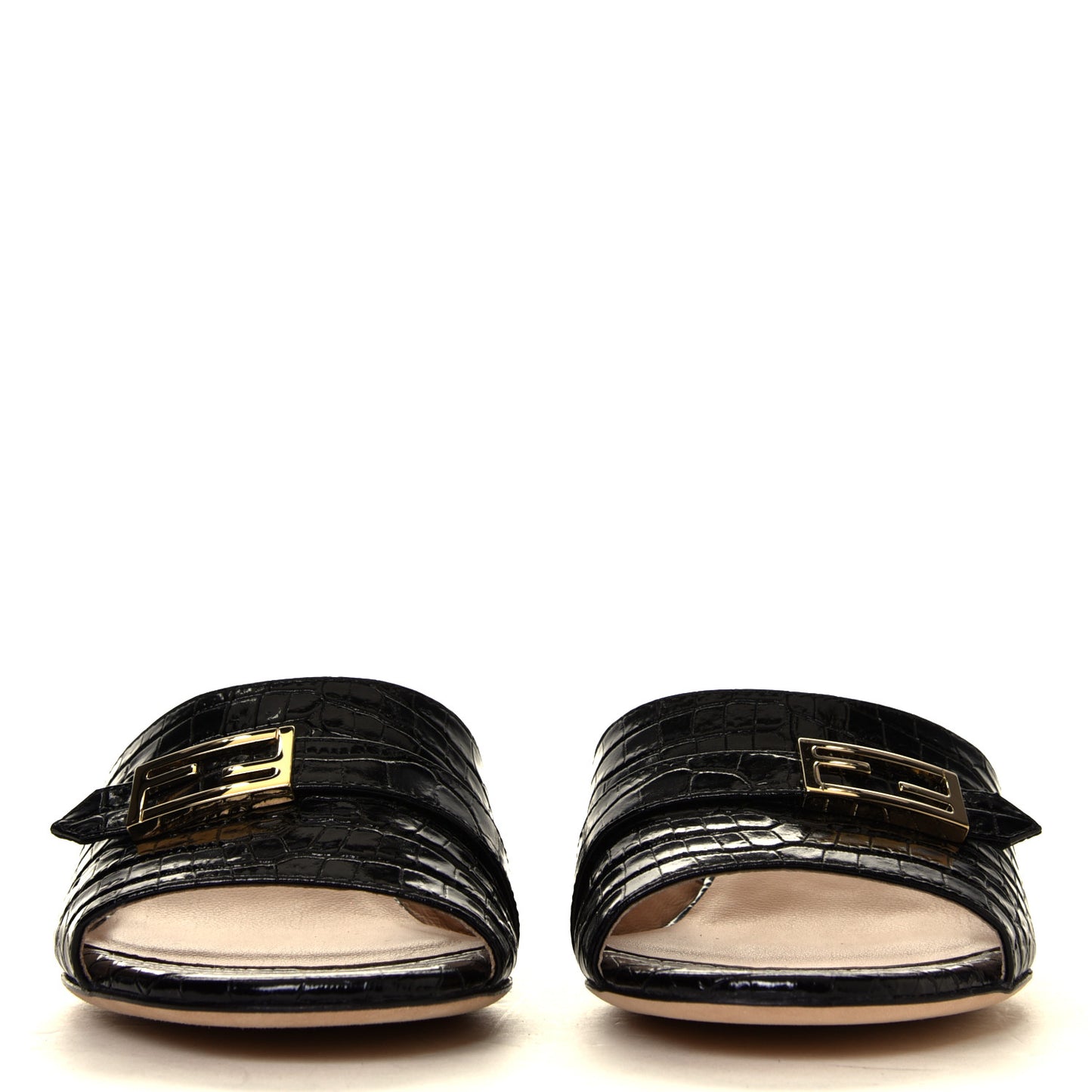 Calfskin Crocodile Embossed FF Promenade Slide Sandals 35 Black