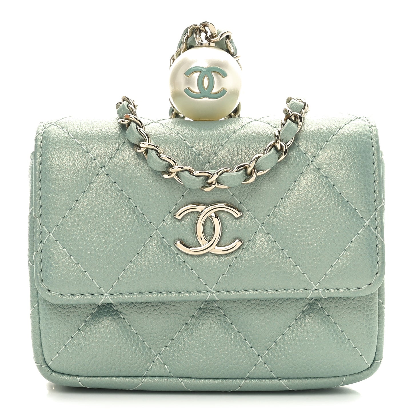 Iridescent Caviar Quilted Pearl On Top Coin Purse With Chain Light Green