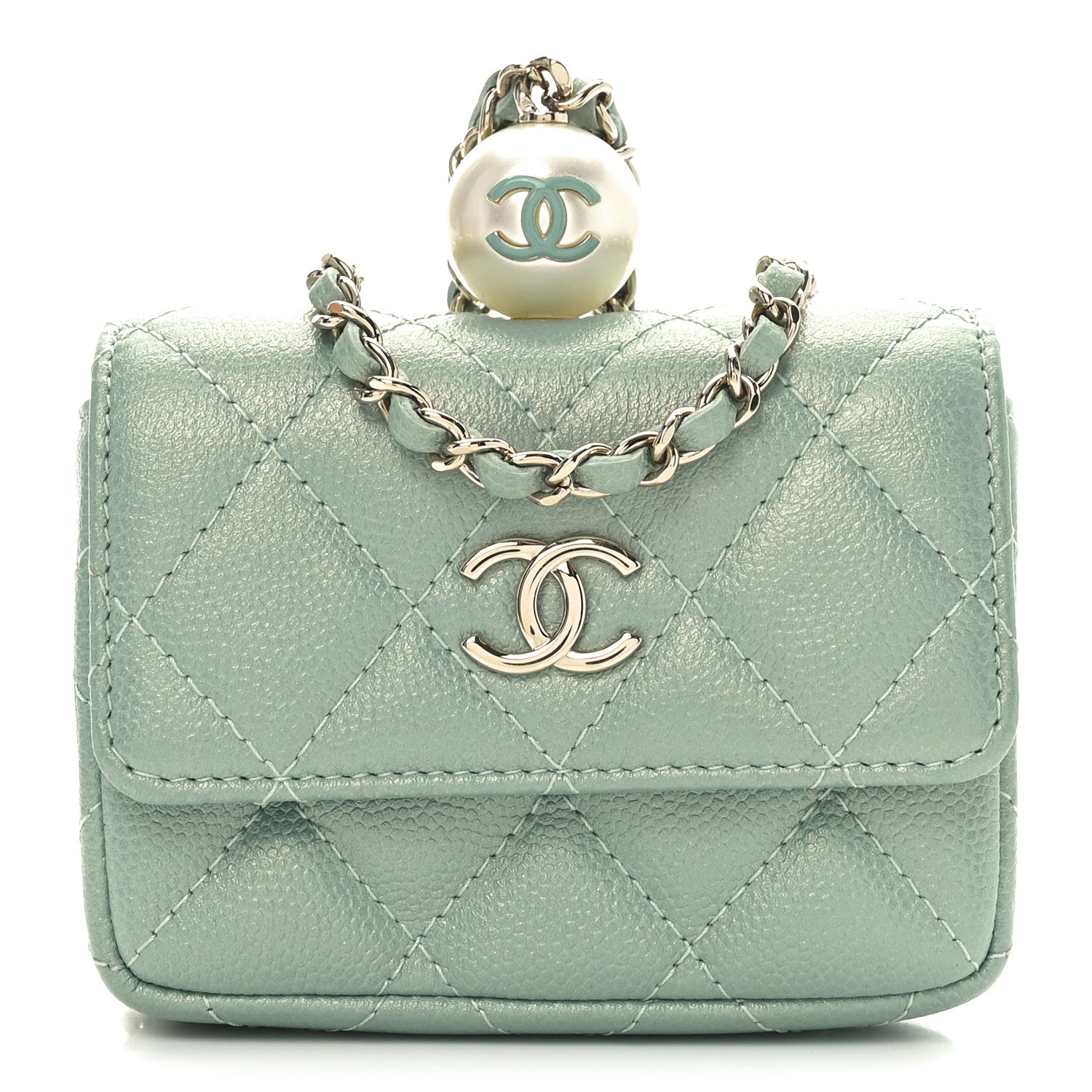Chanel Iridescent Caviar Quilted Pearl On Top Coin Purse With Chain Light Green 1 of 9