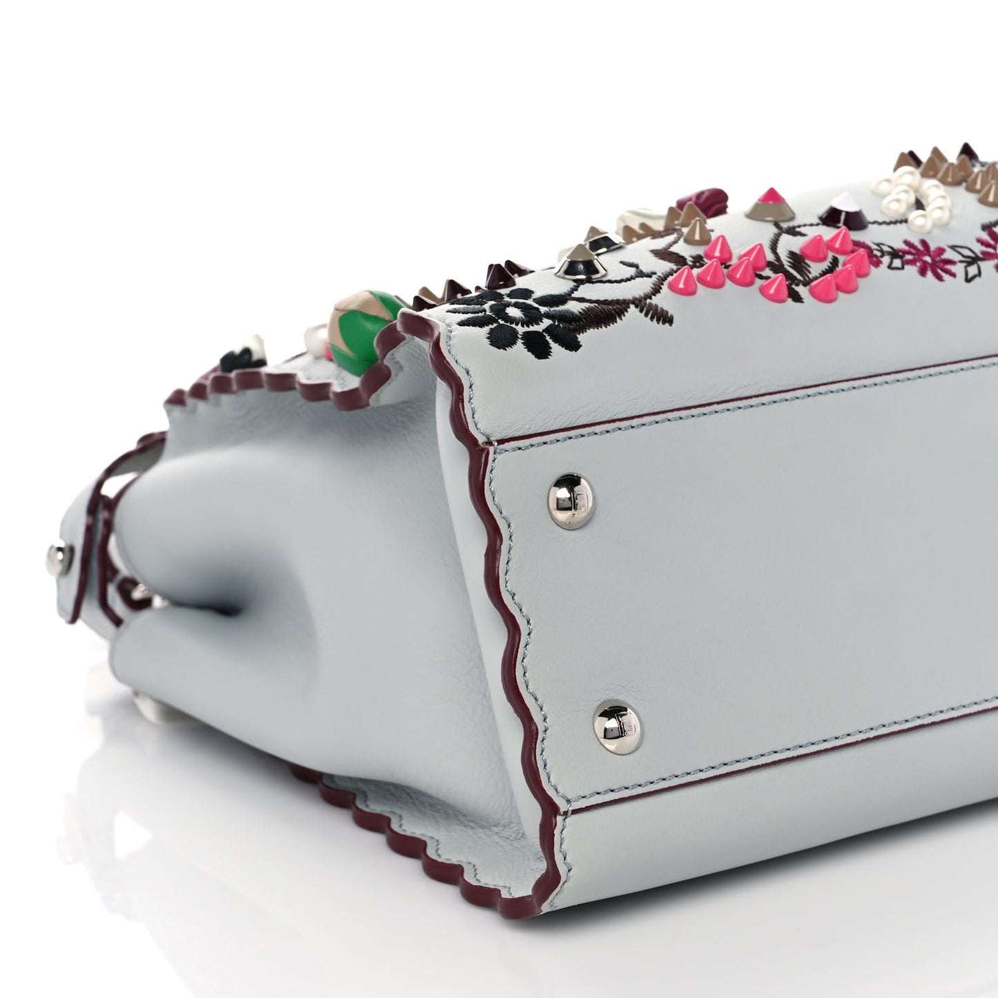 Vitello Seta Shiny Nappa Pearl Scalloped Studded Floral Embroidered Medium Peekaboo Iconic Satchel Grigio Perla Multicolor