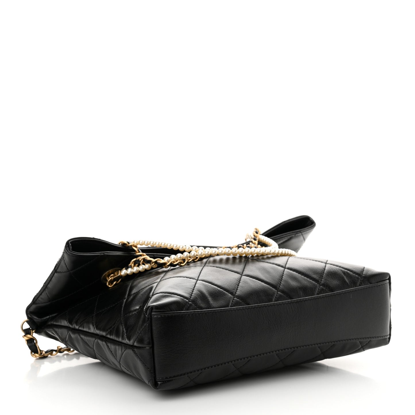 Calfskin Quilted Crystal Pearls Fold Over Shopping Tote Black