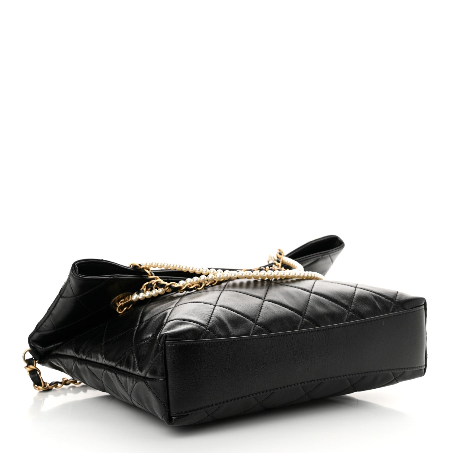 Chanel Calfskin Quilted Crystal Pearls Fold Over Shopping Tote Black 3 of 11