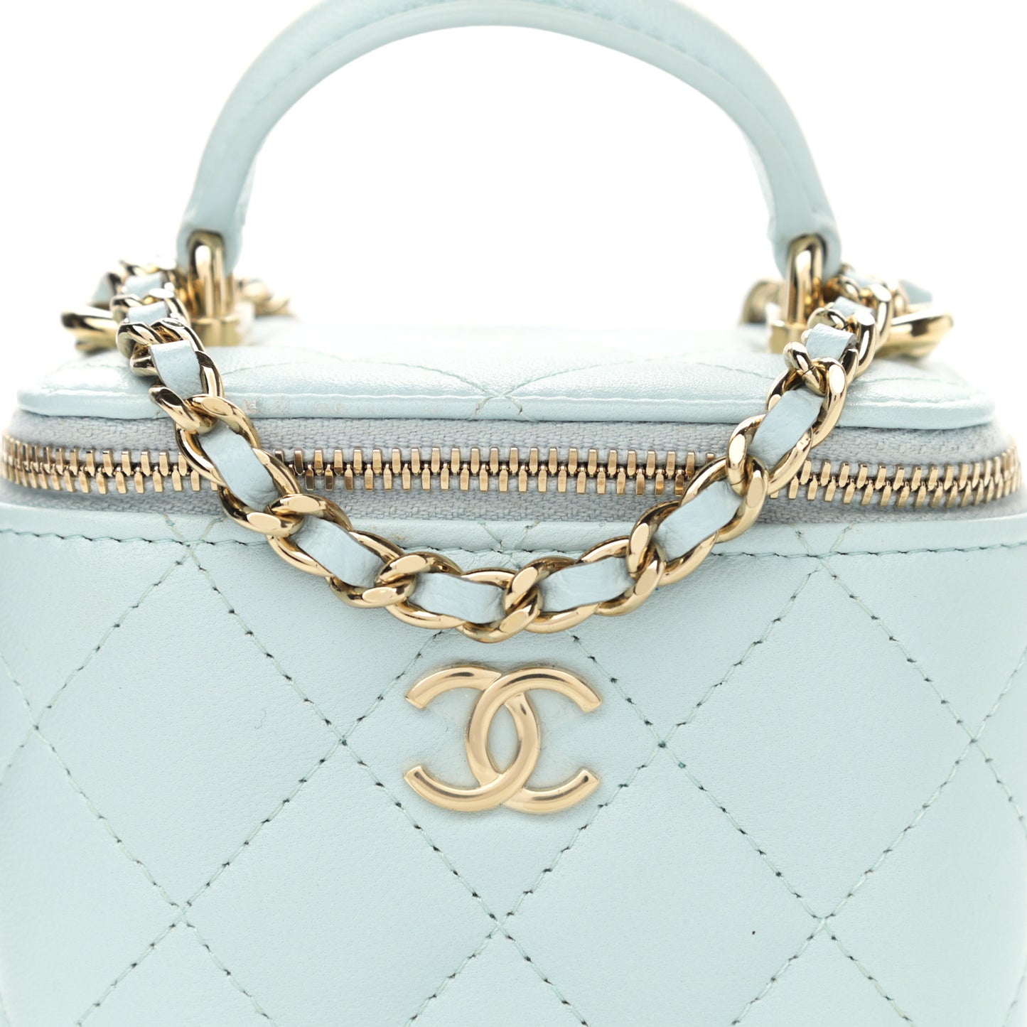 Lambskin Quilted Top Handle Mini Vanity Case With Chain Light Blue