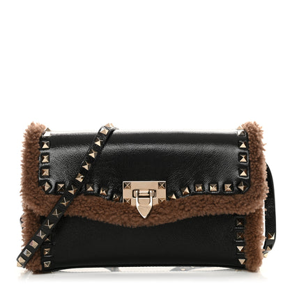 Valentino Garavani Textured Patent Calfskin Shearling Medium Rockstud Flip Lock Crossbody Bag Black 1 of 10
