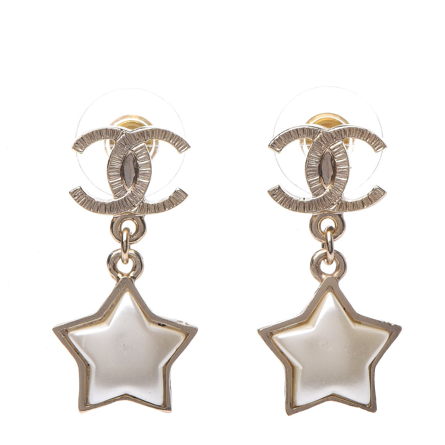 Metal Resin Pearl Star CC Drop Earrings Gold