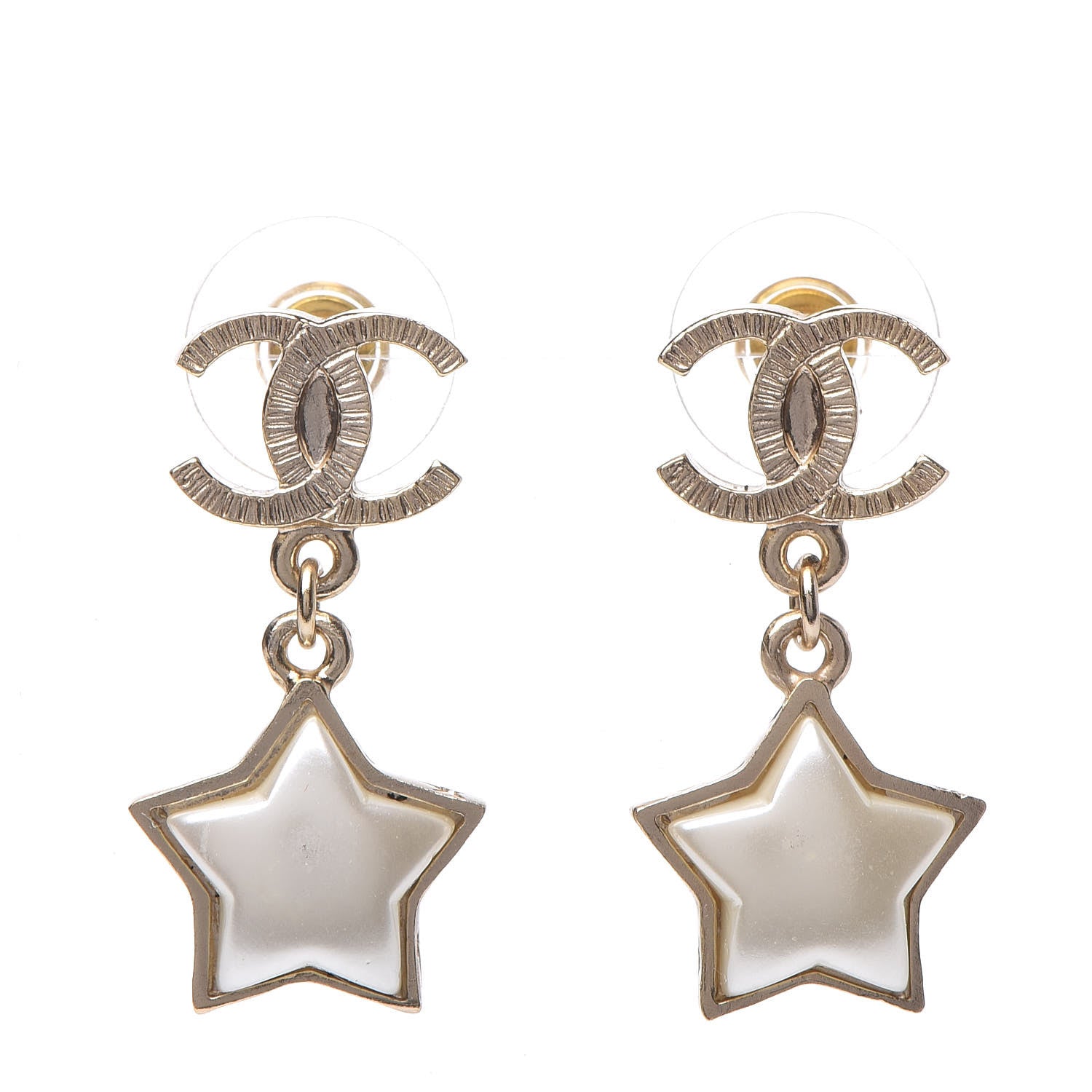 Chanel Metal Resin Pearl Star CC Drop Earrings Gold 1 of 4