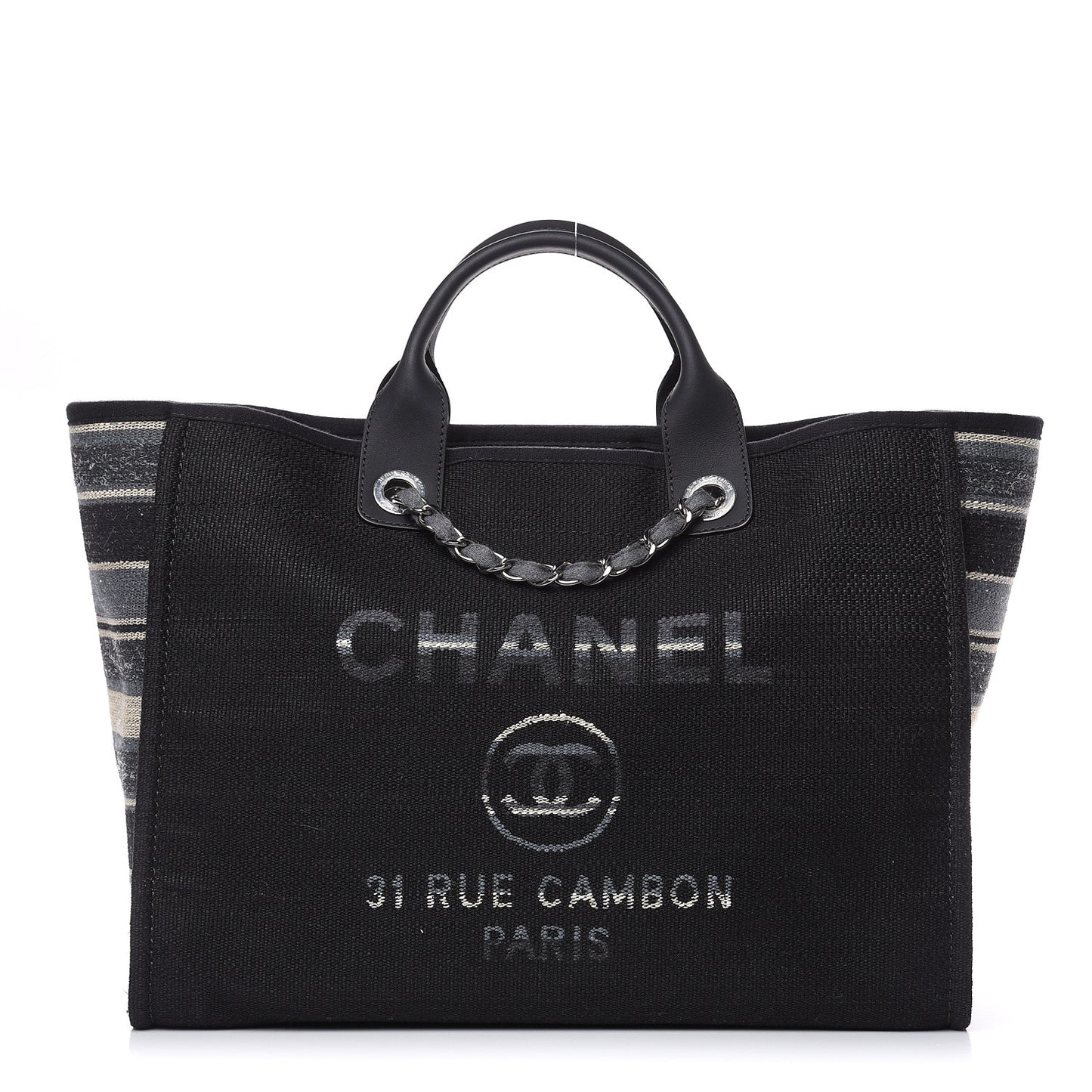 Striped Canvas Medium Deauville Tote Grey Black