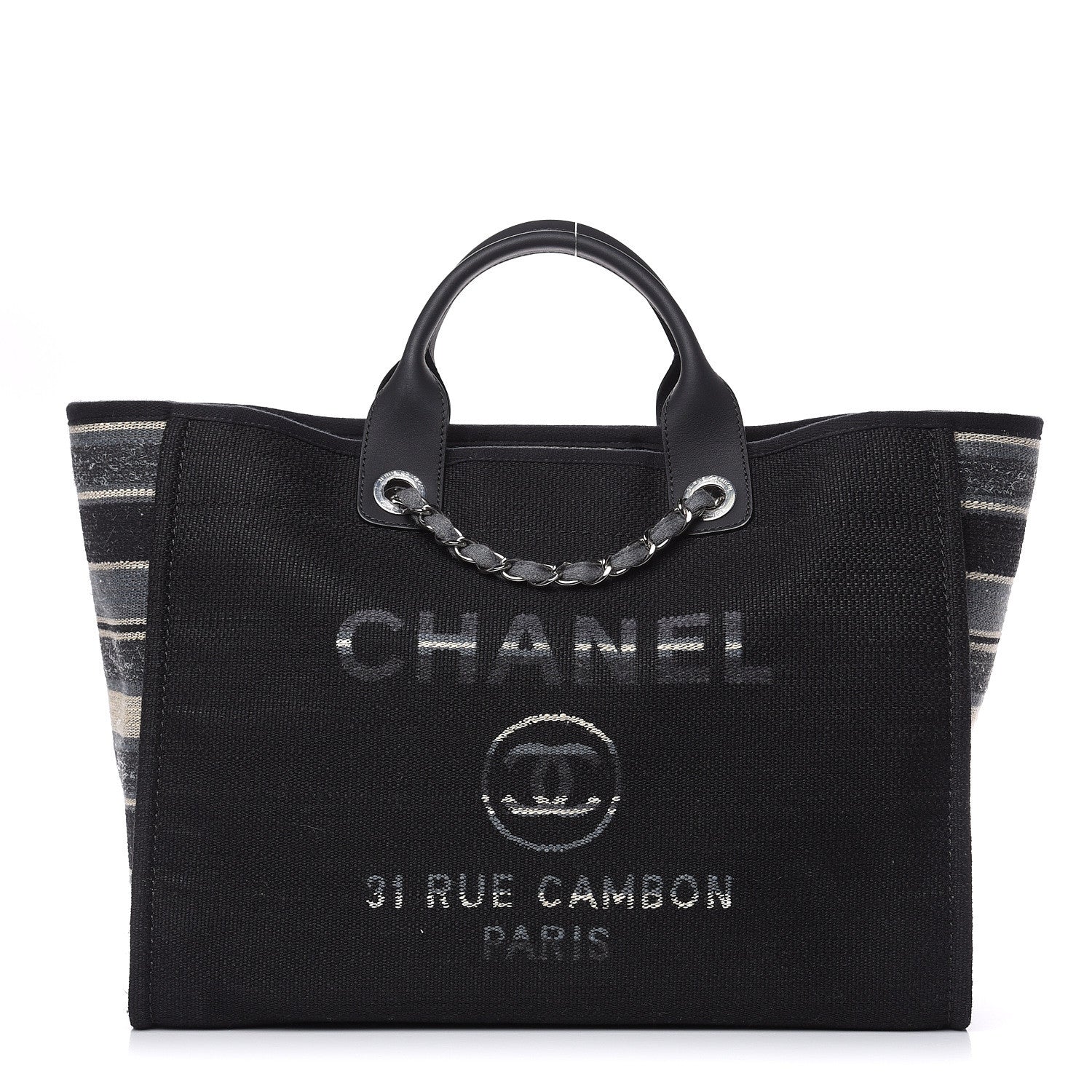 Chanel Striped Canvas Medium Deauville Tote Grey Black 1 of 9