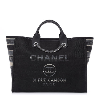Chanel Striped Canvas Medium Deauville Tote Grey Black 1 of 9