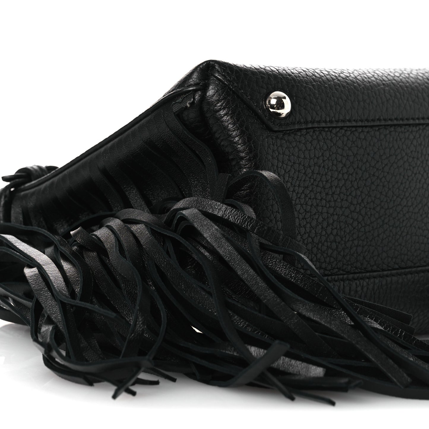 Grainy Calfskin Studded Fringe Baby Banner Tote Black
