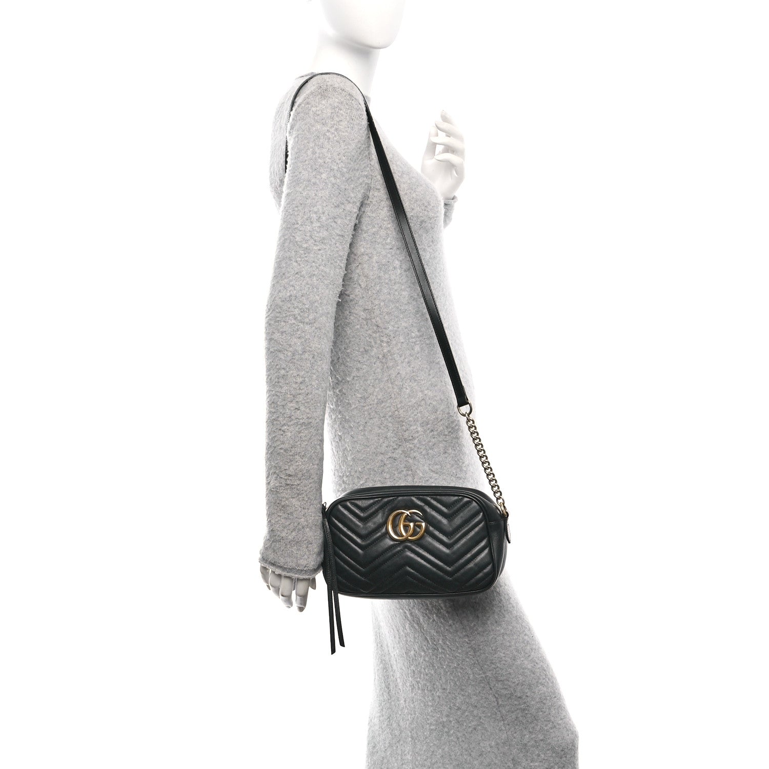 Gucci Calfskin Matelasse Small GG Marmont Chain Shoulder Bag Black 2 of 12