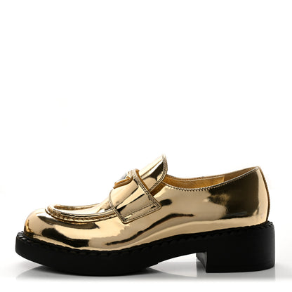 Prada Metallic Brushed Calfskin Metal Triangle Logo 50mm Loafers 38 Platino 1 of 9