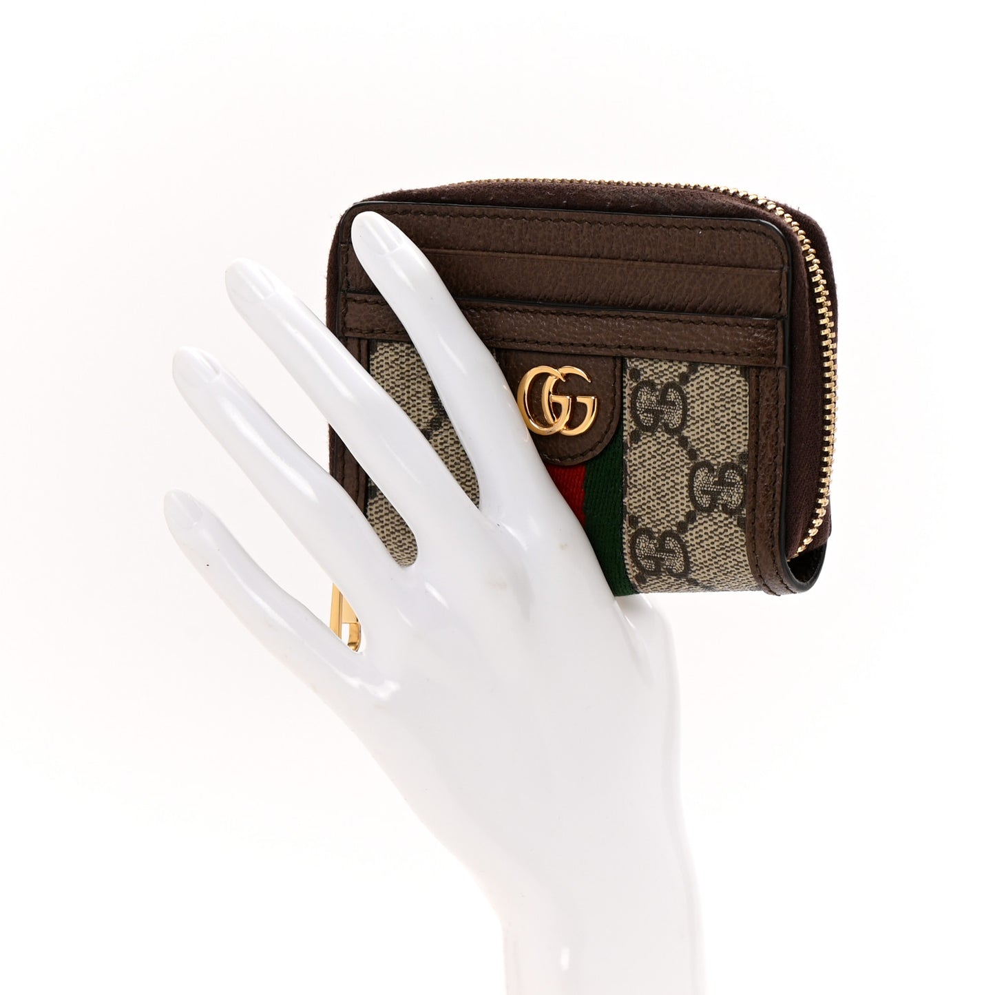 GG Supreme Monogram Textured Dollar Calfskin Web Ophidia Zip Around Card Case Wallet Beige Ebony New Acero