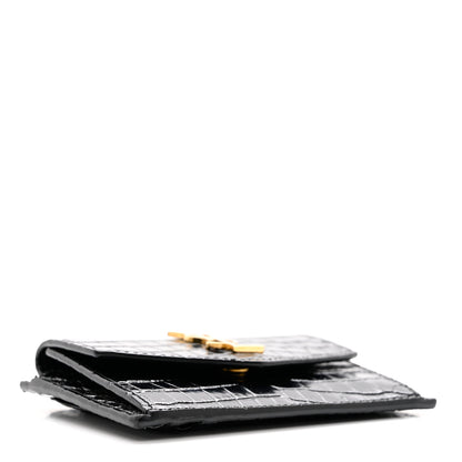 Saint Laurent Calfskin Crocodile Embossed Uptown Monogram Card Case Black 4 of 7