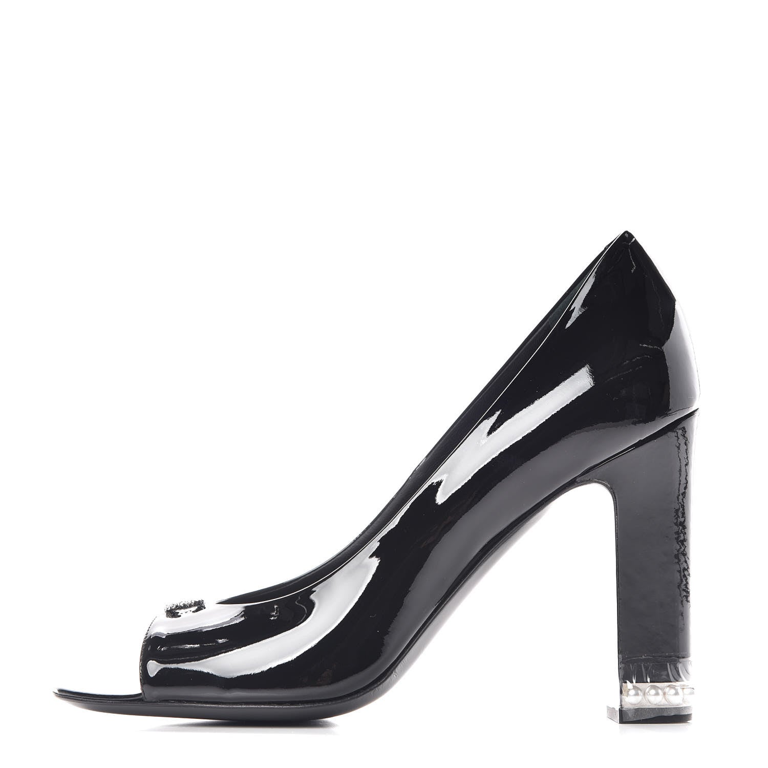 Chanel Patent Pearl Peep Toe CC Pumps 39 Black 1 of 7