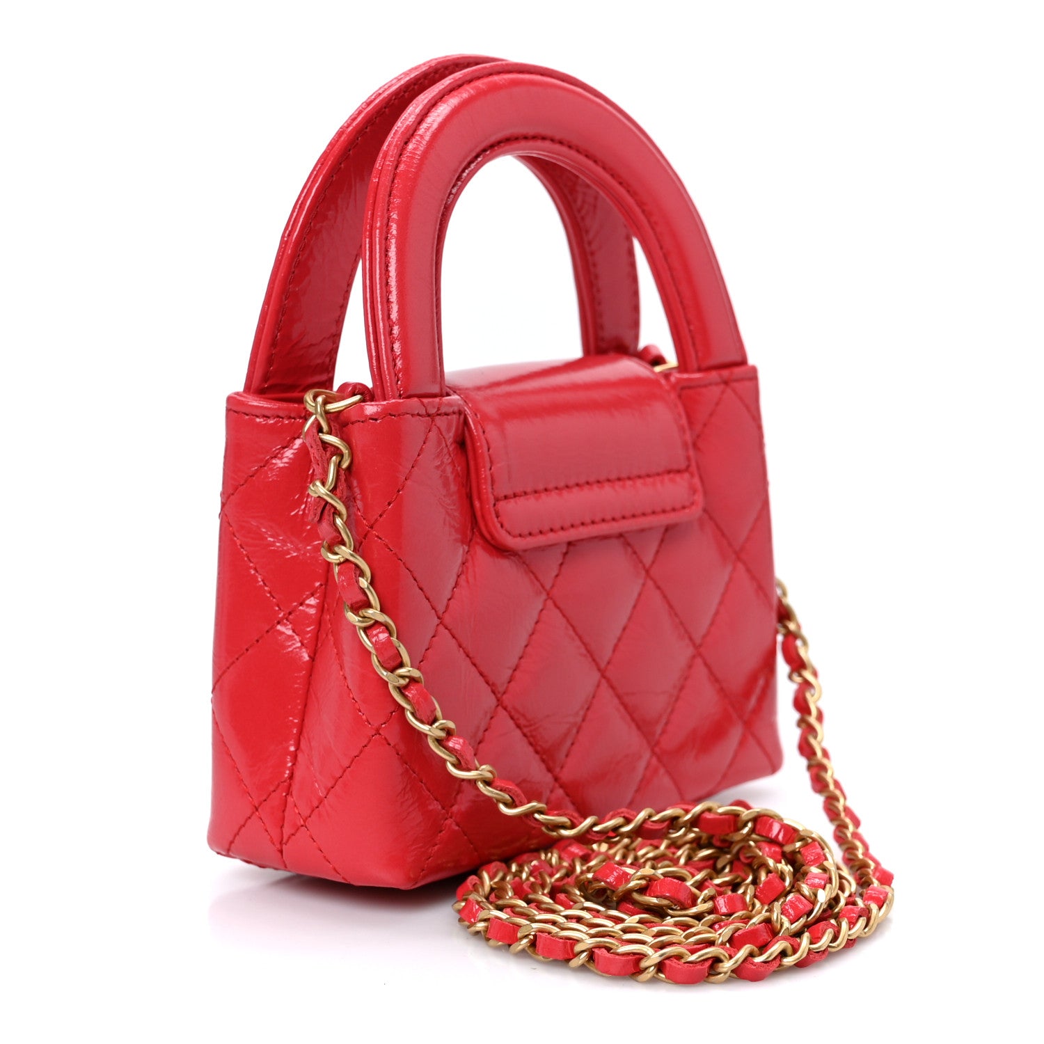Chanel Shiny Aged Calfskin Quilted Mini Nano Kelly Shopper Red 2 of 10