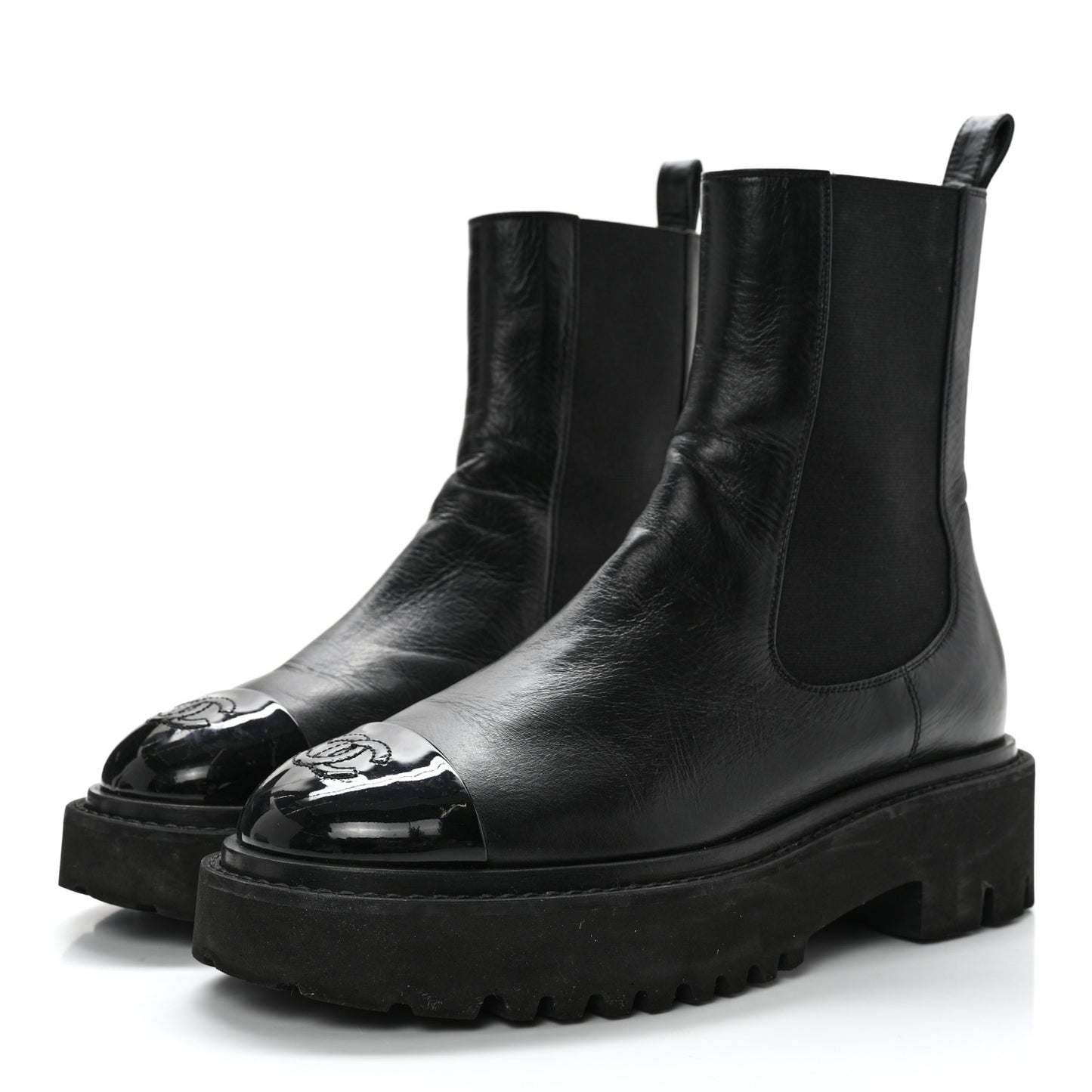 Crumpled Calfskin Patent Cap Toe Short Boots 36.5 Black
