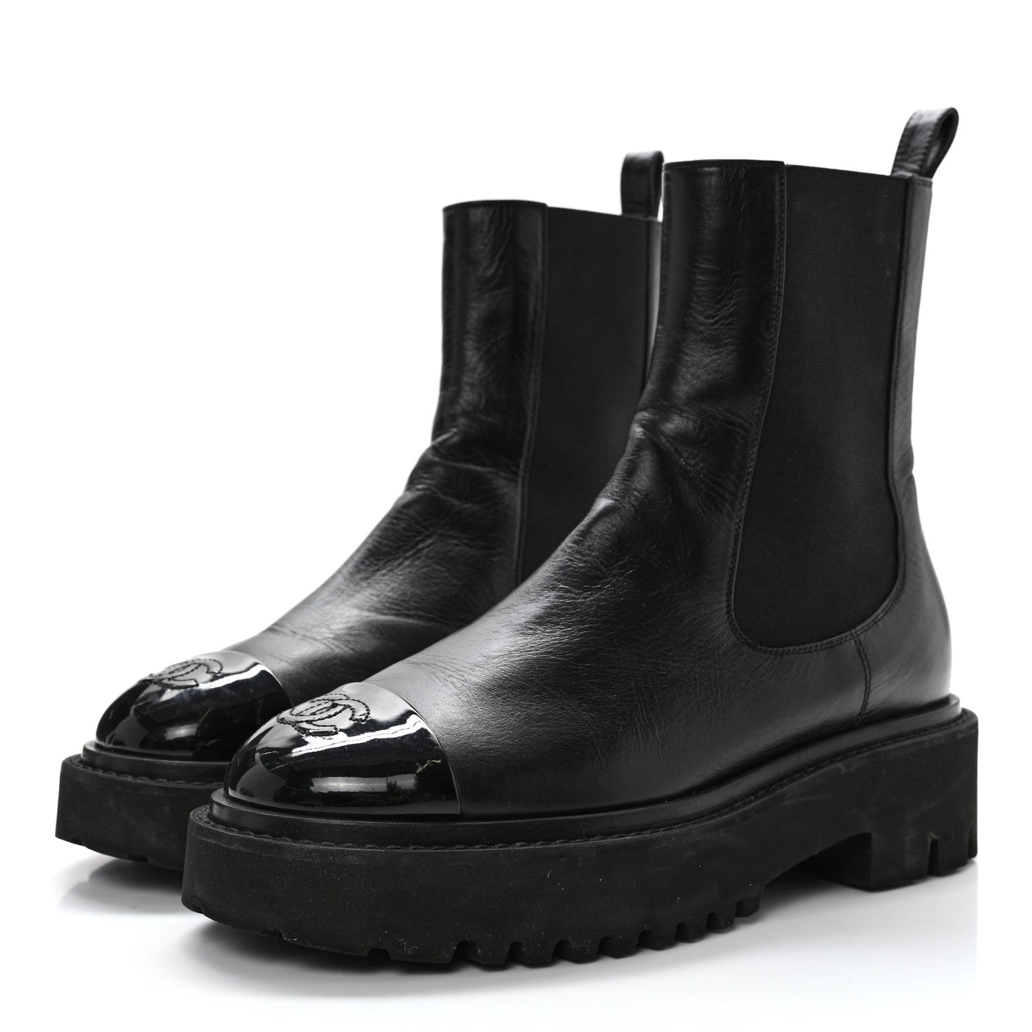 Chanel Crumpled Calfskin Patent Cap Toe Short Boots 36.5 Black 3 of 13