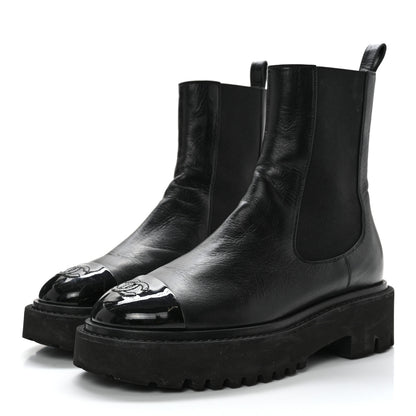 Chanel Crumpled Calfskin Patent Cap Toe Short Boots 36.5 Black 3 of 13