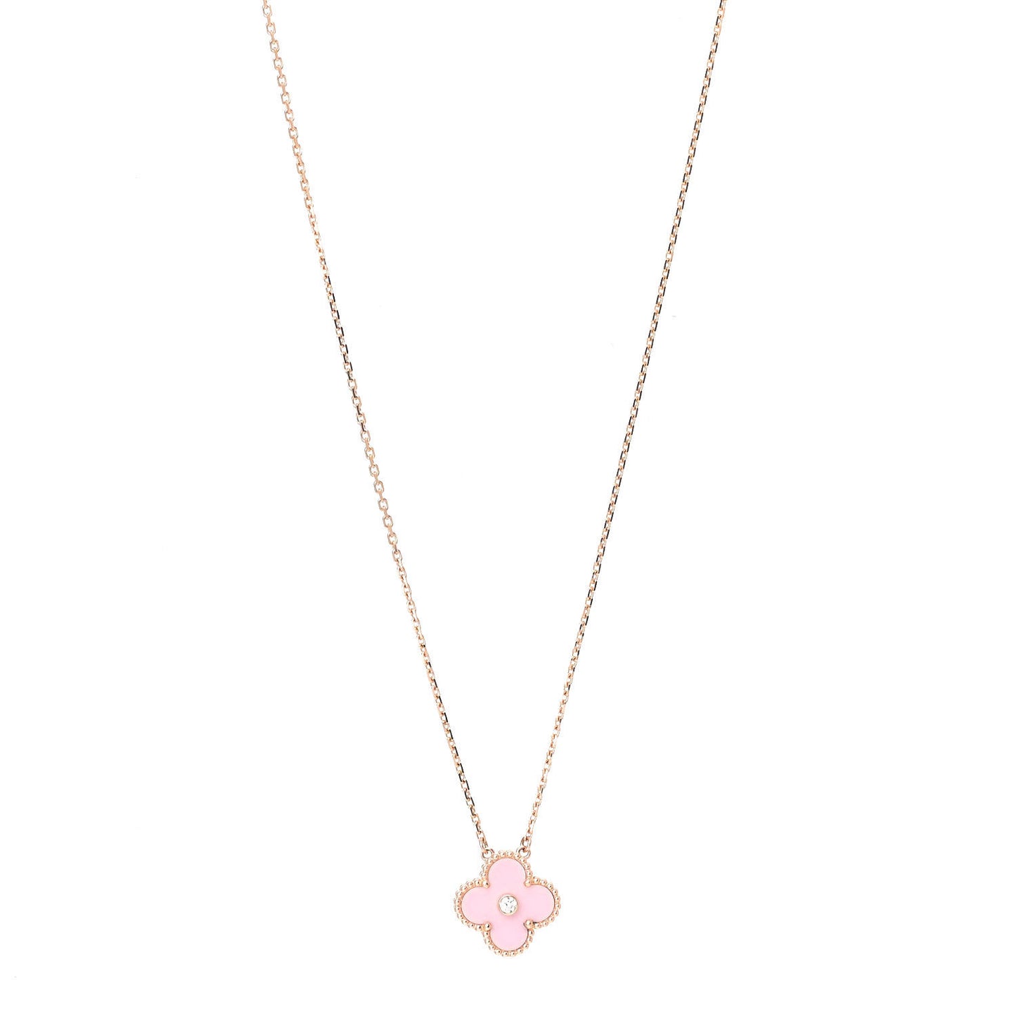18K Rose Gold Diamond Pink Porcelain Vintage Alhambra Pendant Necklace