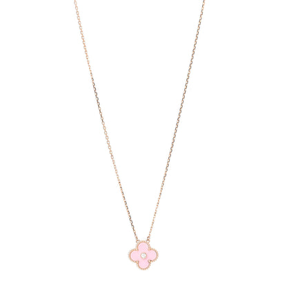 Van Cleef & Arpels 18K Rose Gold Diamond Pink Porcelain Vintage Alhambra Pendant Necklace 1 of 6