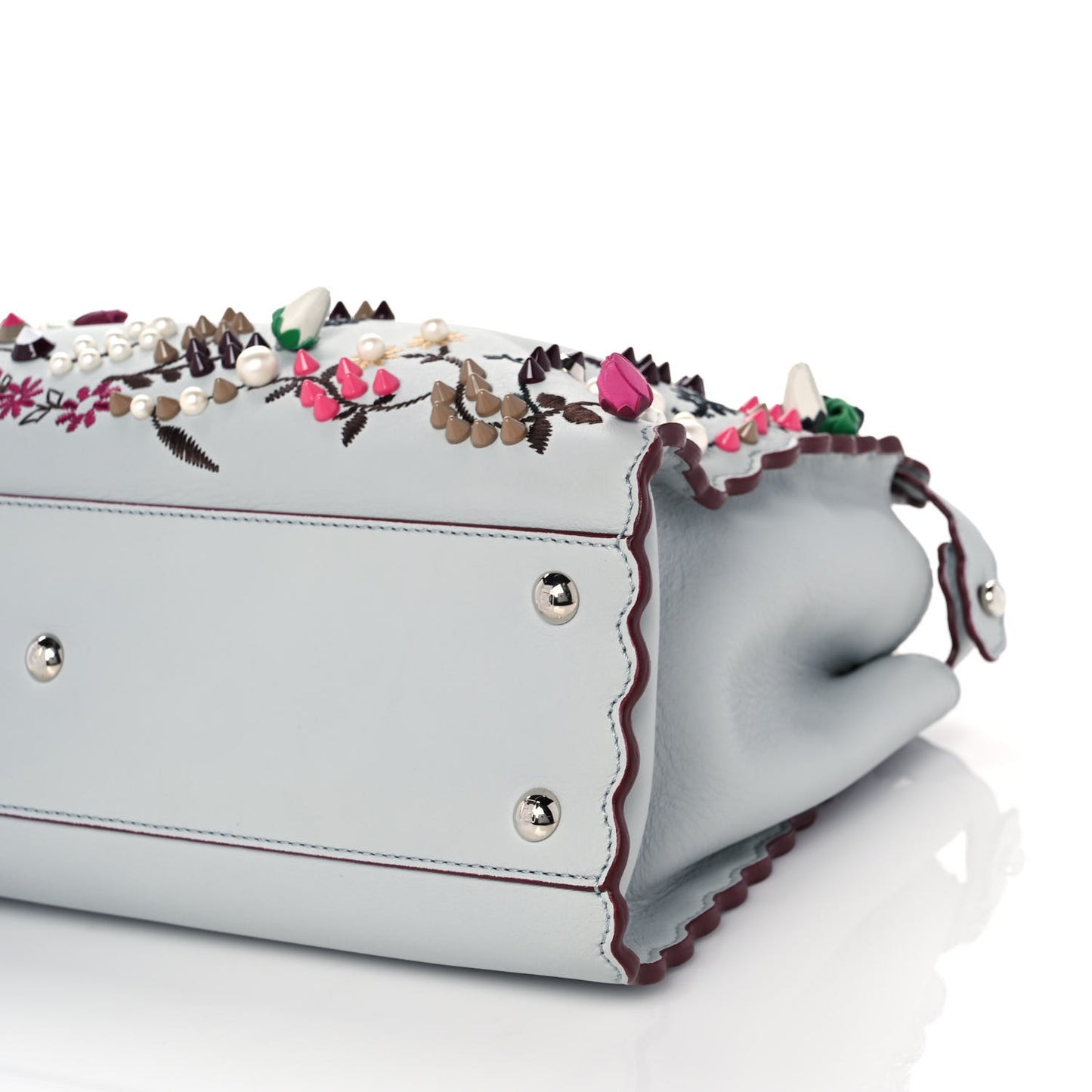 Vitello Seta Shiny Nappa Pearl Scalloped Studded Floral Embroidered Medium Peekaboo Iconic Satchel Grigio Perla Multicolor