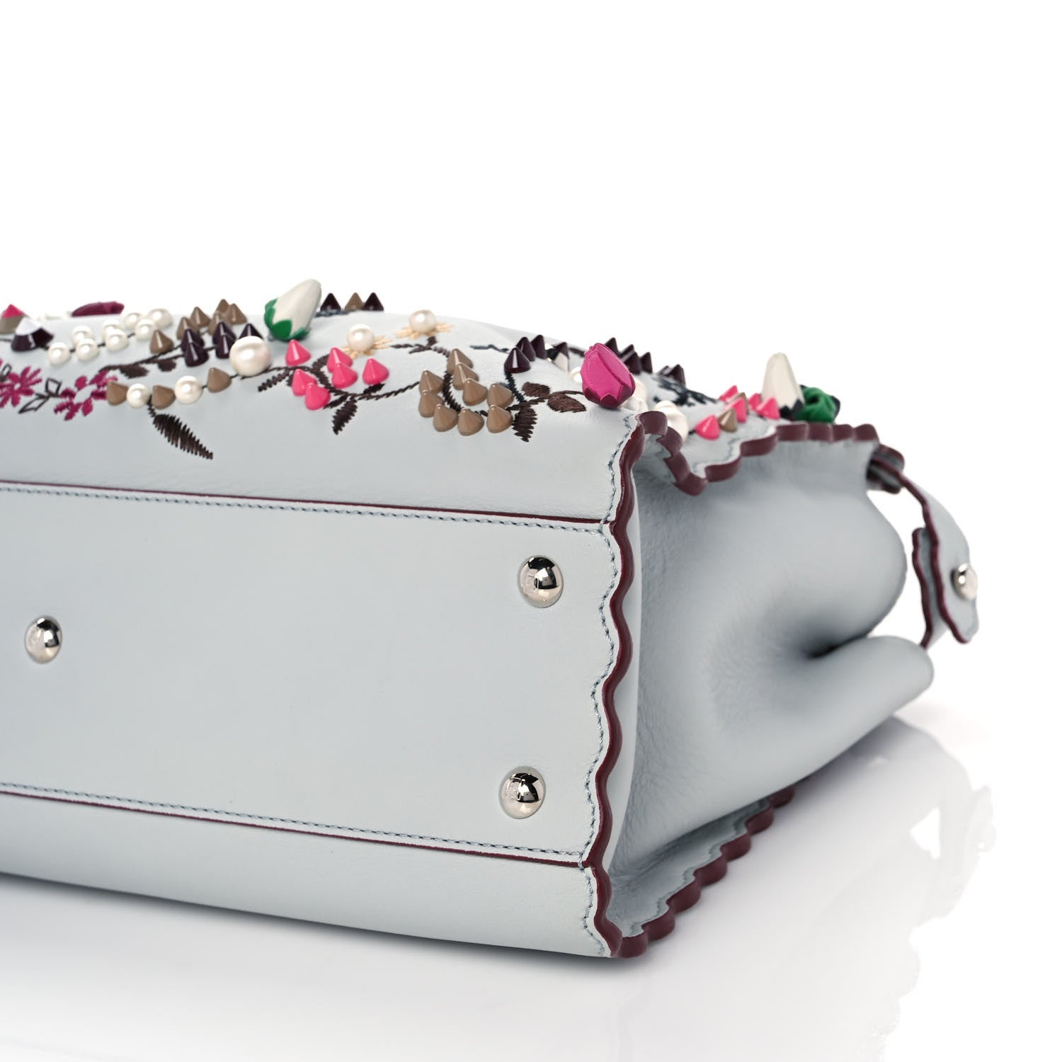 Fendi Vitello Seta Shiny Nappa Pearl Scalloped Studded Floral Embroidered Medium Peekaboo Iconic Satchel Grigio Perla Multicolor 13 of 18