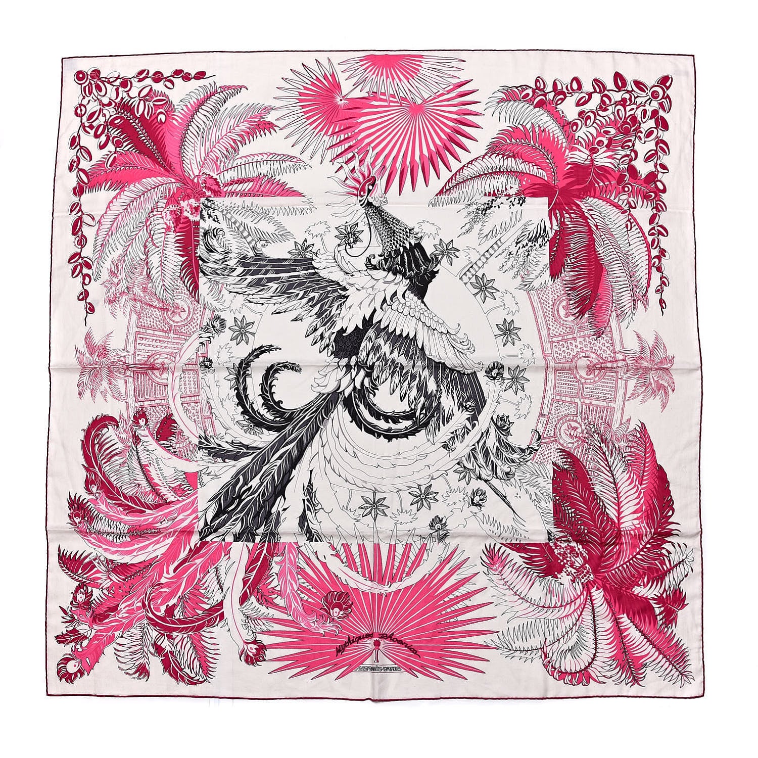 Hermes Cashmere Silk Mythiques Phoenix Coloriage Shawl 140 White Rose Black 1 of 5