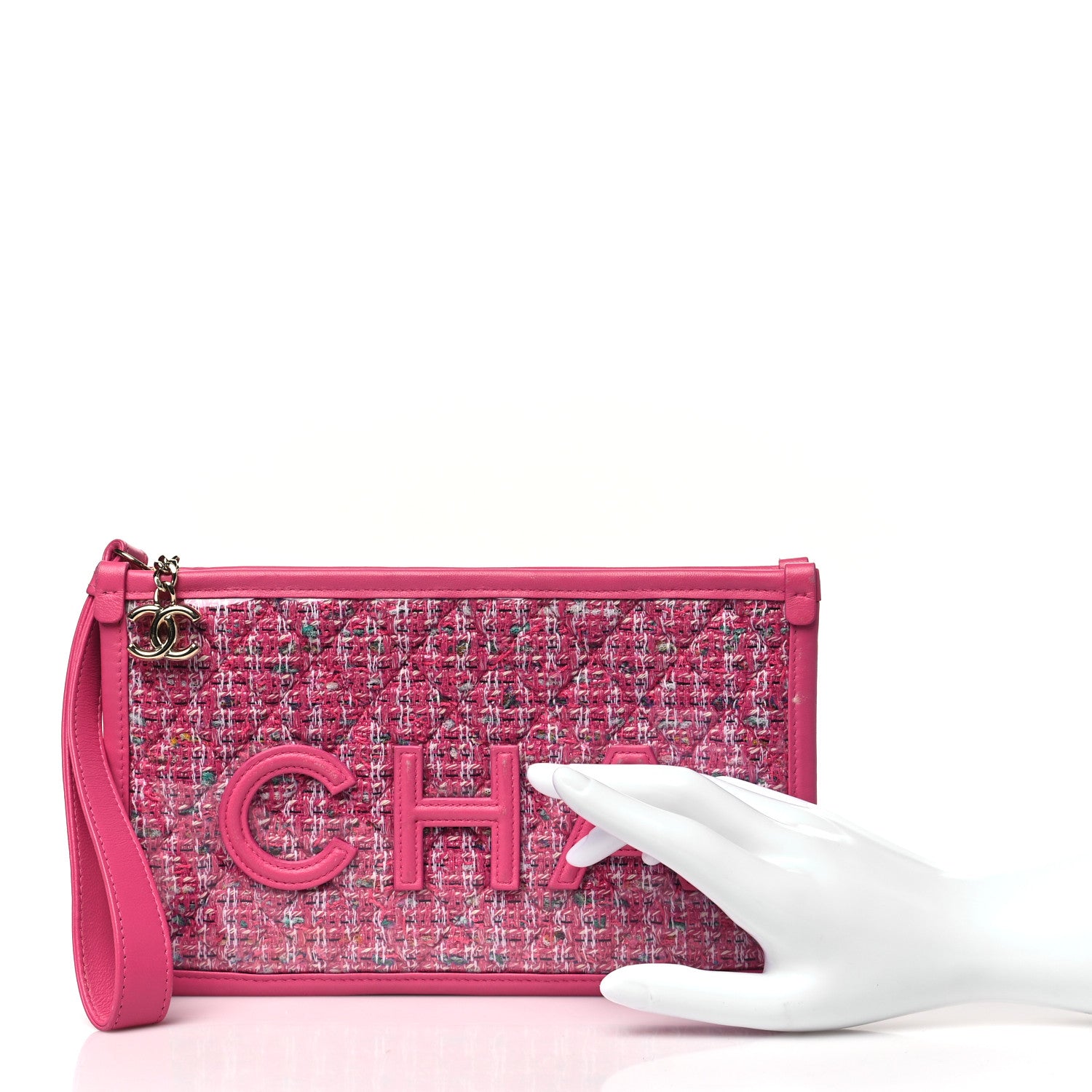 Chanel Tweed PVC Lambskin Wristlet Pouch Pink 2 of 15