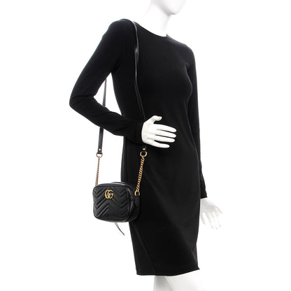 Gucci Calfskin Matelasse Mini GG Marmont Chain Shoulder Bag Black 2 of 7