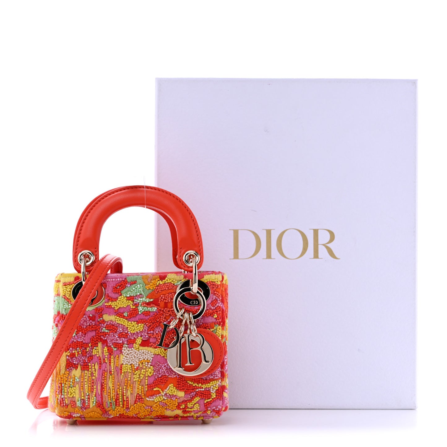 Beaded Embroidery Lambskin Micro Lady Dior Orange Multicolor