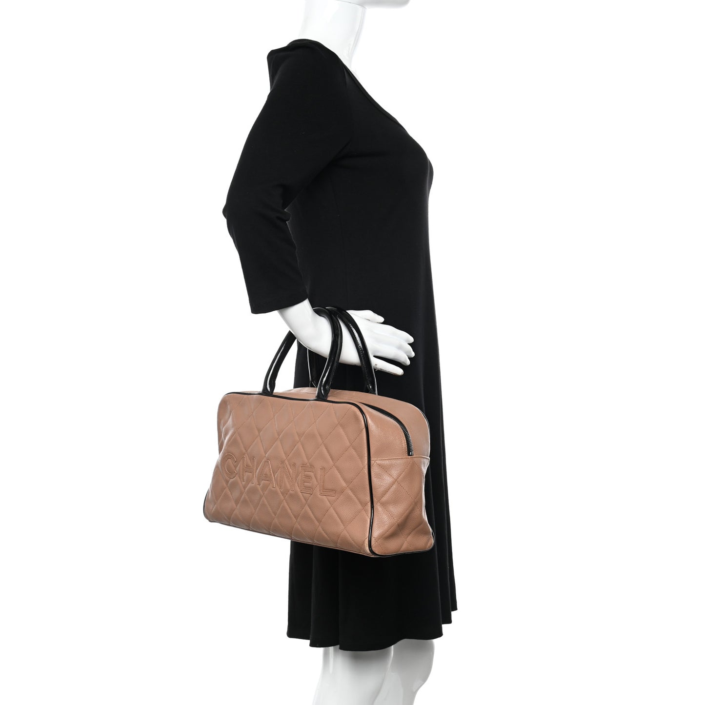 Calfskin Quilted Large Bowler Beige Black