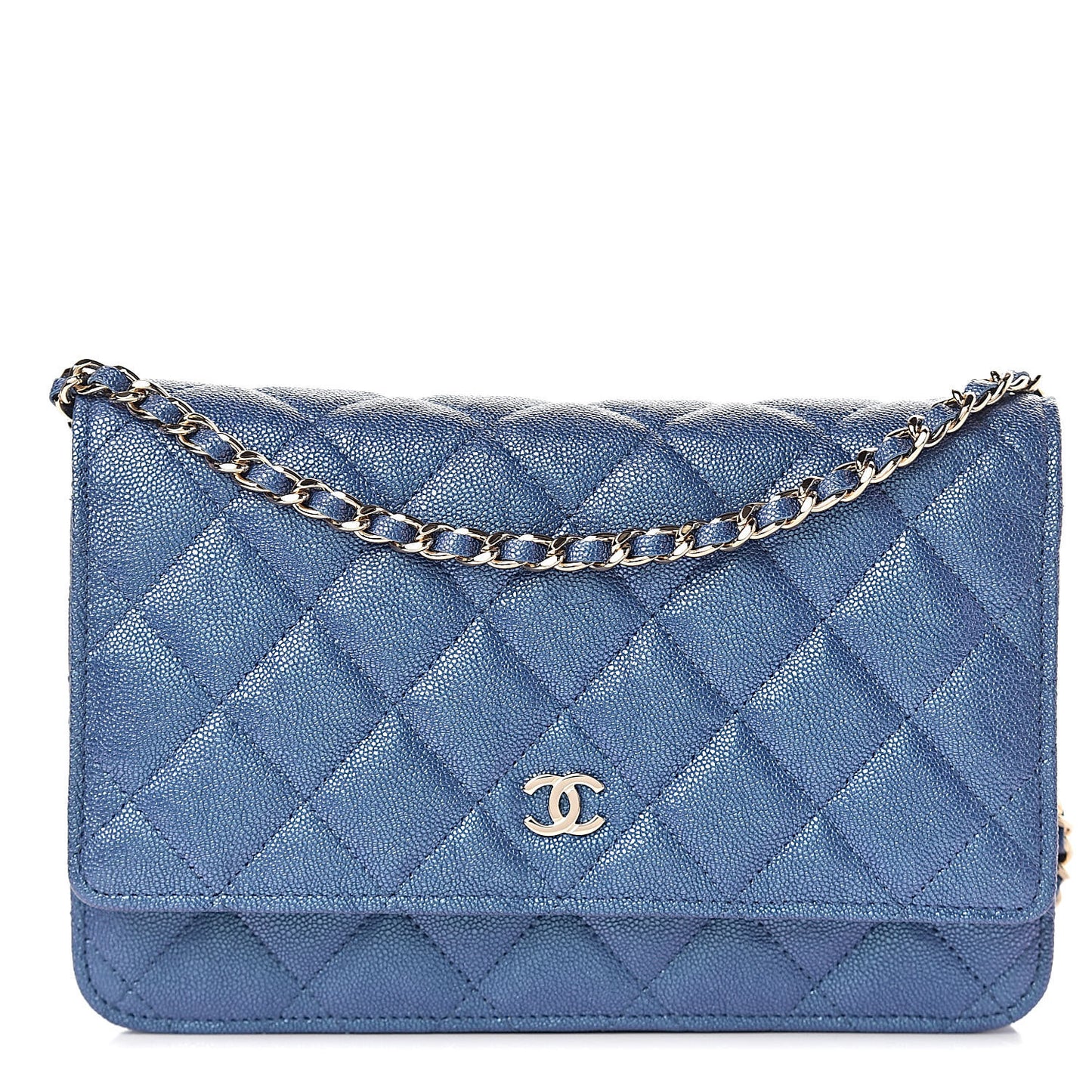 Iridescent Caviar Quilted Wallet On Chain WOC Dark Blue