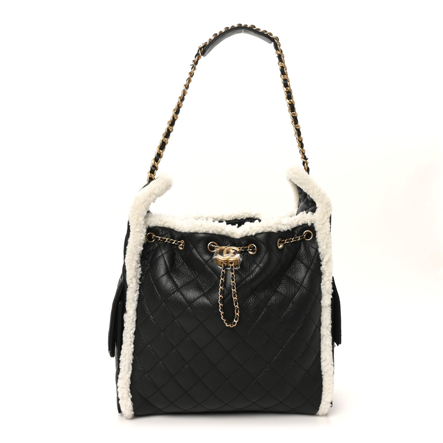 Crumpled Sheepskin Shearling Quilted Medium Chanel 25 Handbag Black White