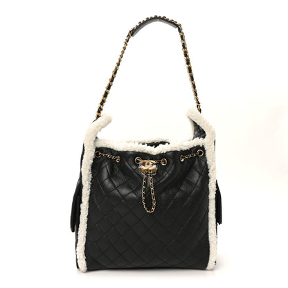Chanel Crumpled Sheepskin Shearling Quilted Medium Chanel 25 Handbag Black White 1 of 11